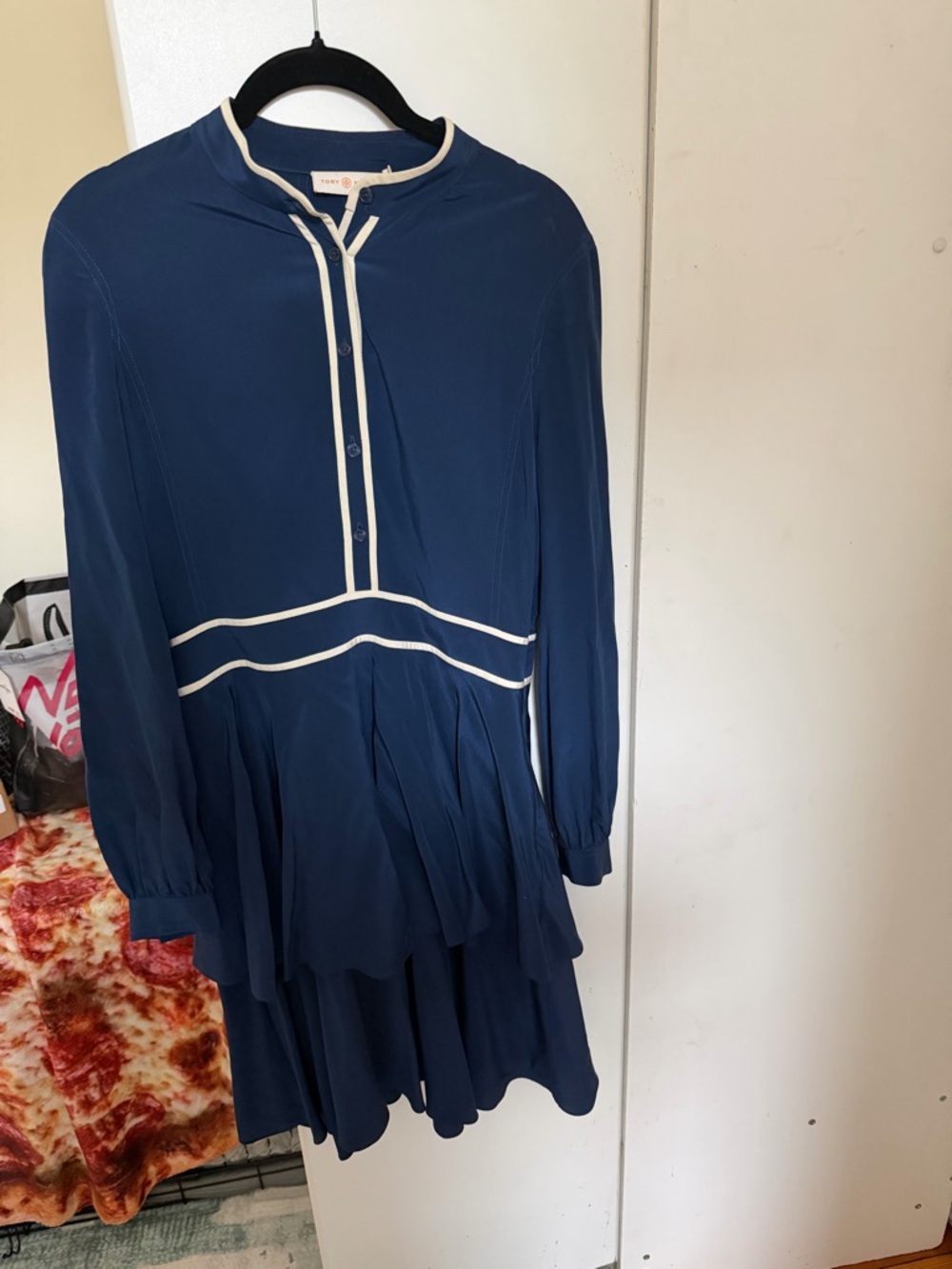 Tory Burch Navy Long-Sleeve Pleated Dress with White Trim